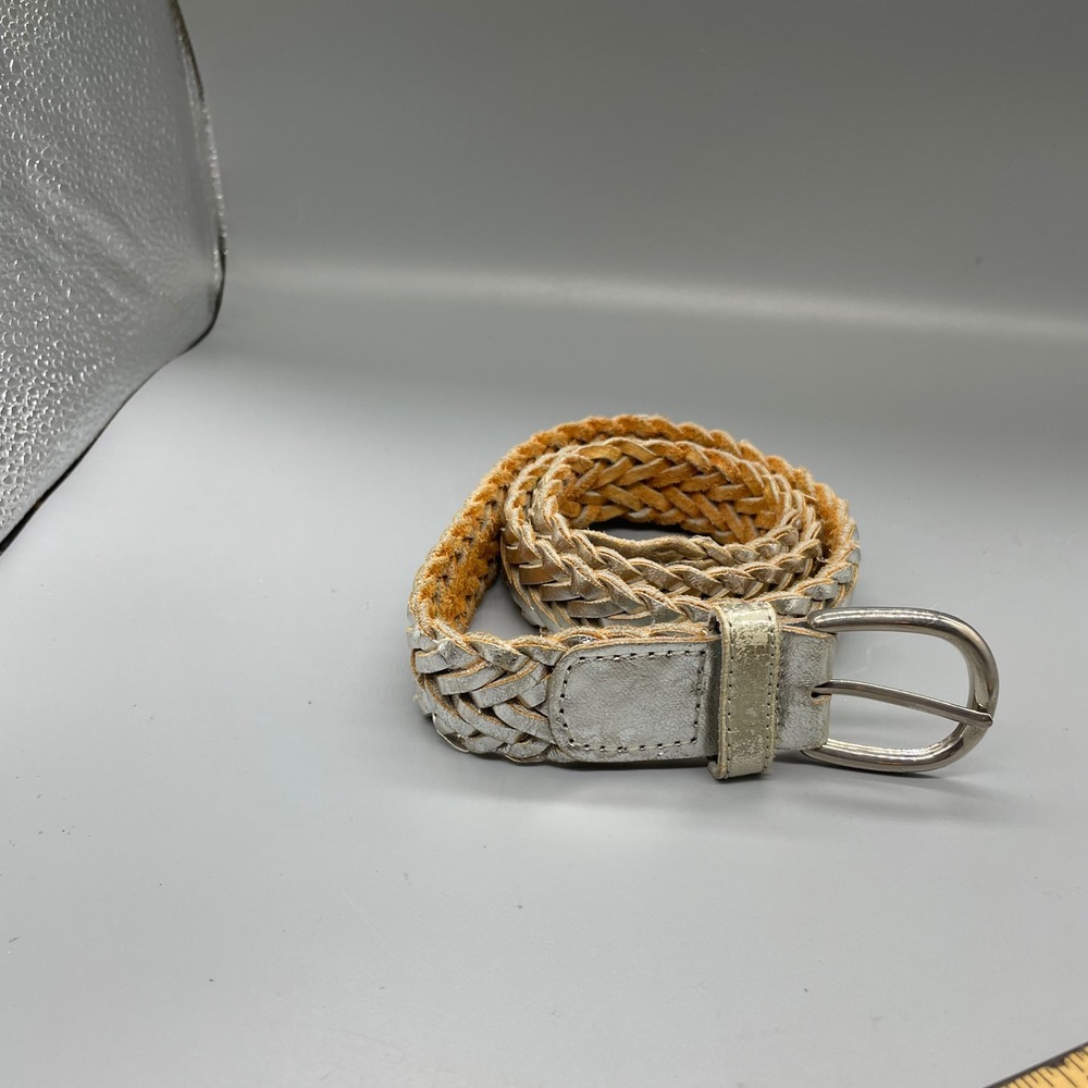 VintageCapezio Womens Braided Genuine Leather Belt Metallic Silver Woven Small
